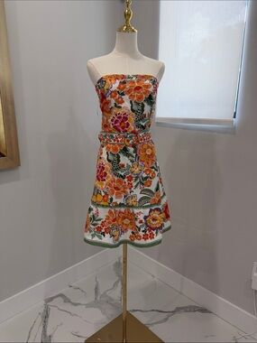 Joie White Strapless Dress with Orange, Pink & Green Floral Print